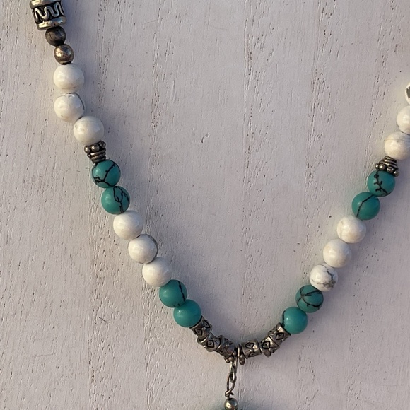 Faux Turquoise Silver Bead Necklace Pendant Howlite Fake Turquoise 20” Vintage - Picture 4 of 12